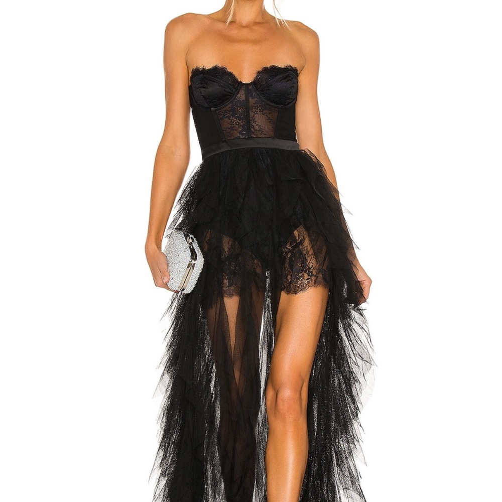 For Love And Lemons Black Bustier Asymmetrical Ruffled Gown